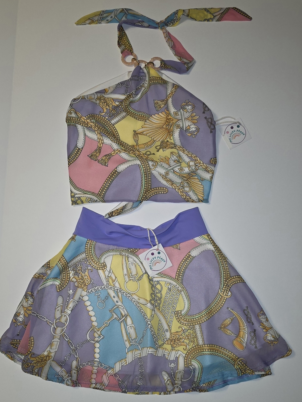 Les Tout Petits Two-Piece Pastel Scarf Print Halter Top & Skirt Set Size 8